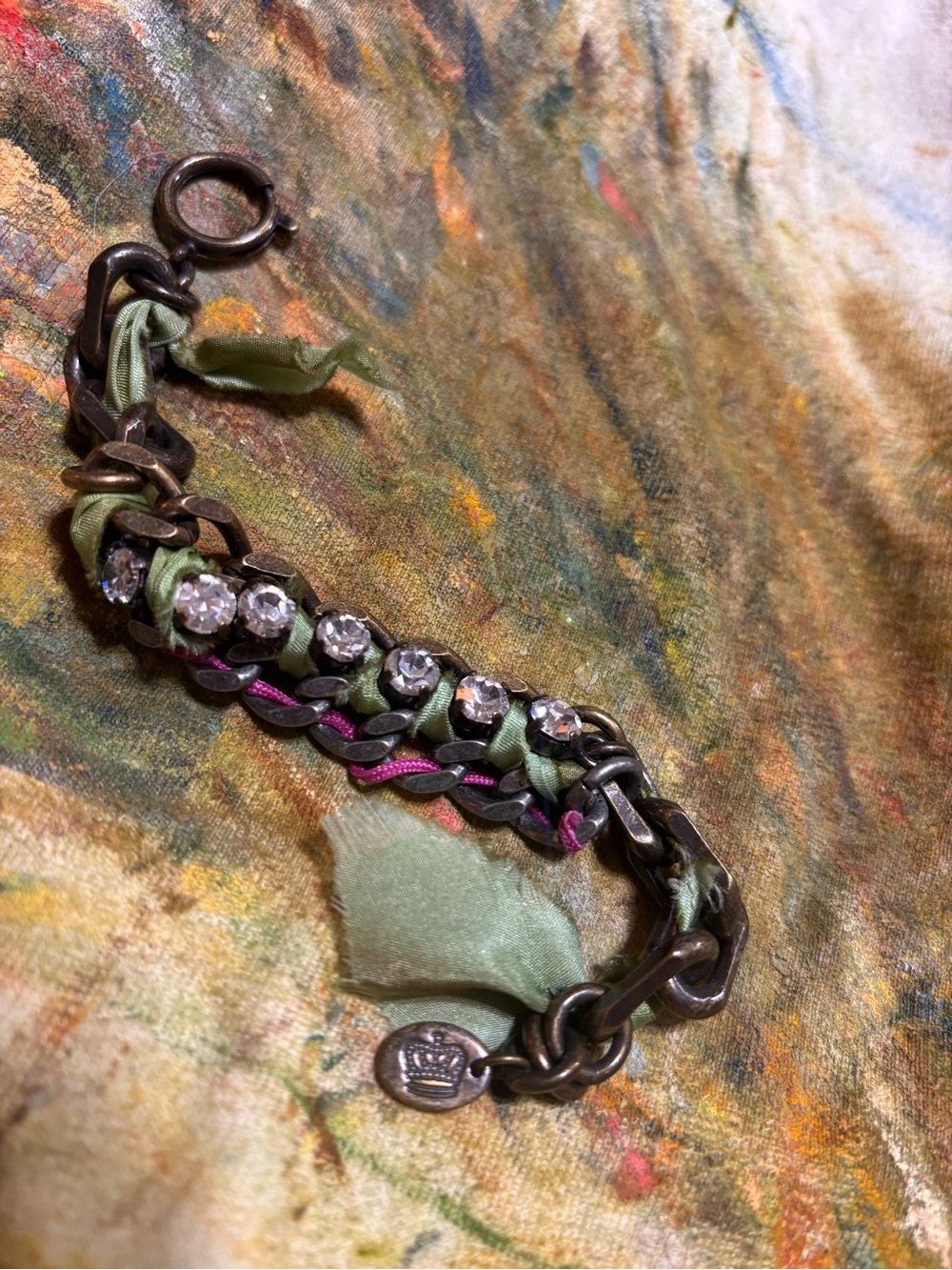 Juicy Couture Olive Green Ribbon Crystal Link Bracelet